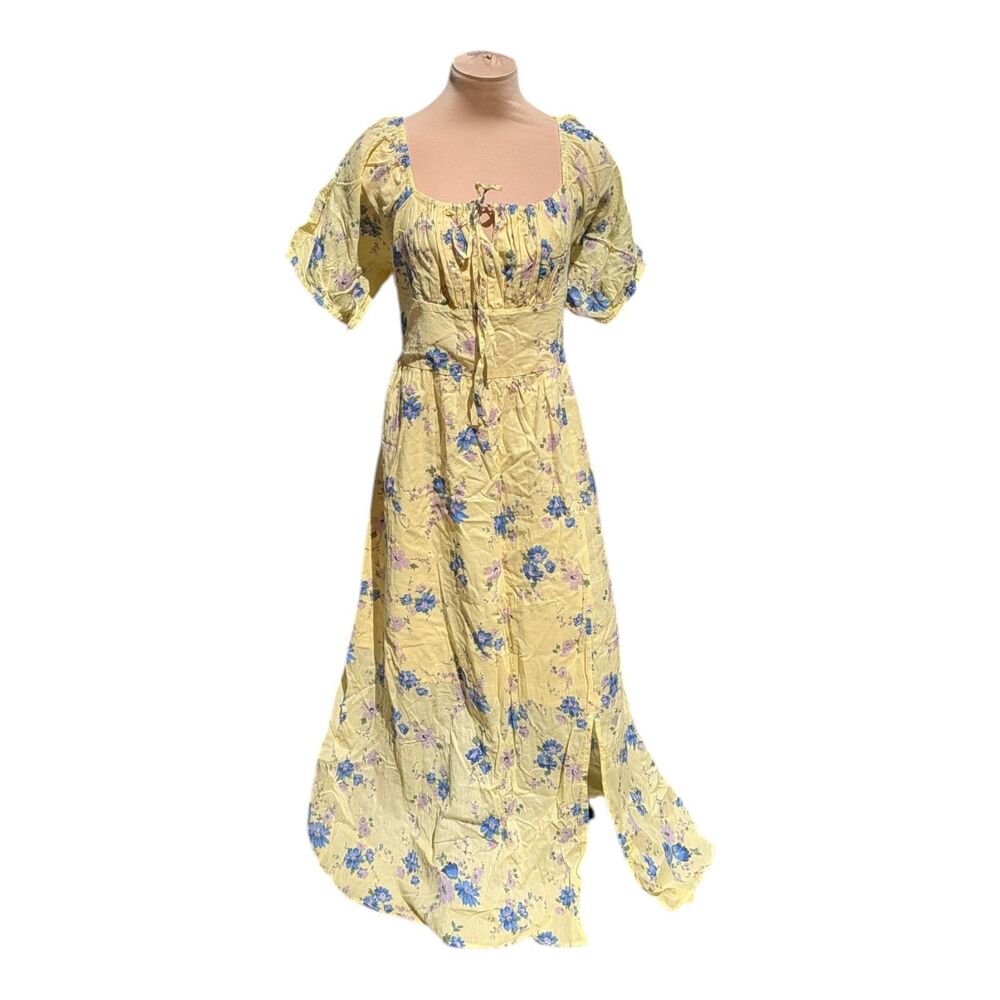 Charlie Paige Yellow Blue Floral Maxi Dress Slit Puff Sleeve Cottagecore 1X